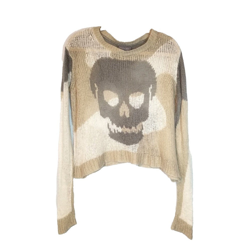 Wooden Ships Gray Skull Tan Camo Open Weave‎ Mohair Wool Oversized S/M Sweater